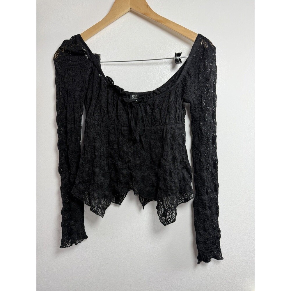 BDG Urban Outfitters Black Sheer Lace Long Sleeve Tie Front Top S Y2K Whimsigoth
